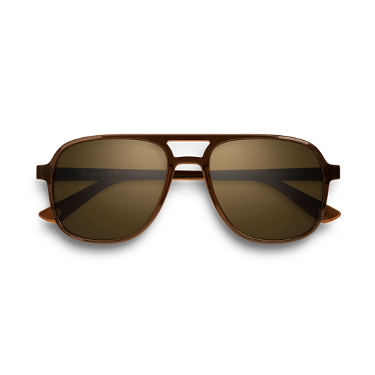General front view of VALLON X Topo Designs sunglasses in "Brown / Brown" with sunglass arms closed.
