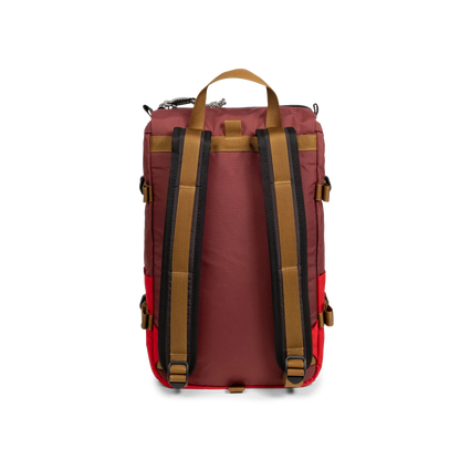 Back View of Topo Designs Rover Pack Mini in "Maroon / Salsa"