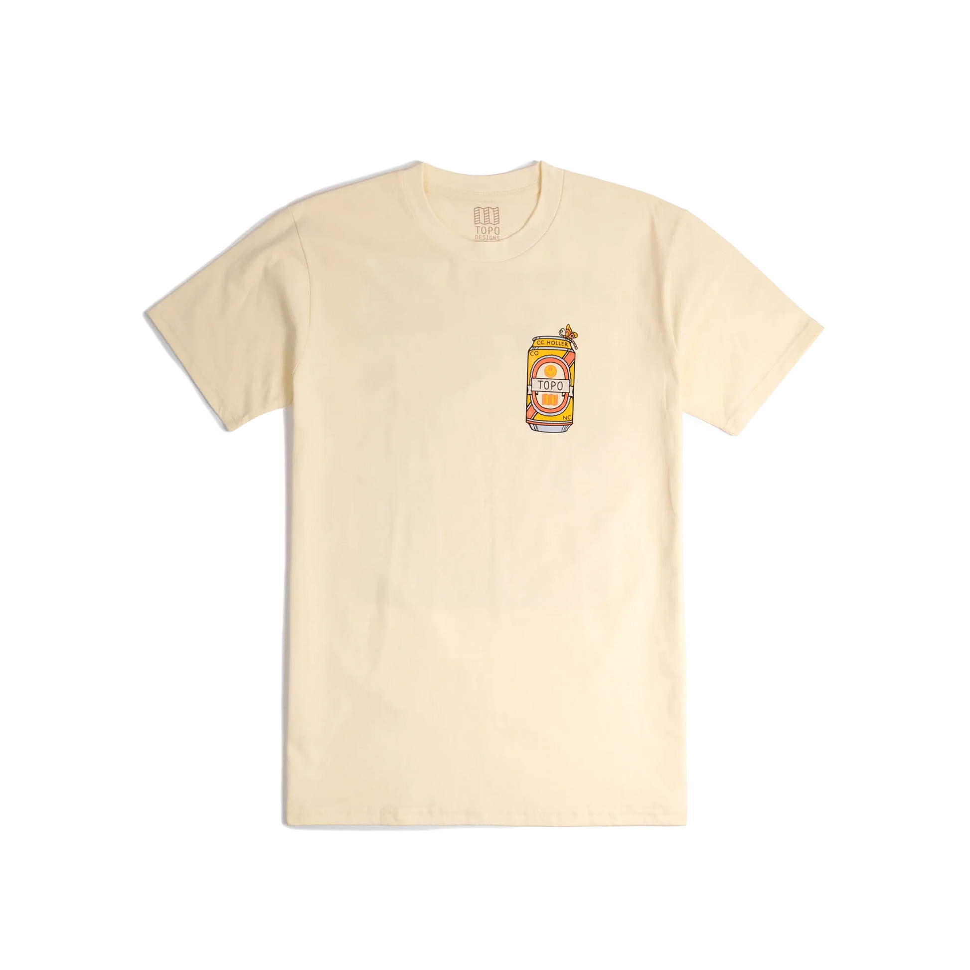 Front shot of Topo Designs x CCH x Pine Printshop Urban Angler Tee in "Butter"