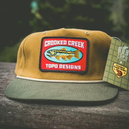 Front quarter shot of Topo Designs x CCH x Pine Printshop Rope Cap in "Stuttgart"