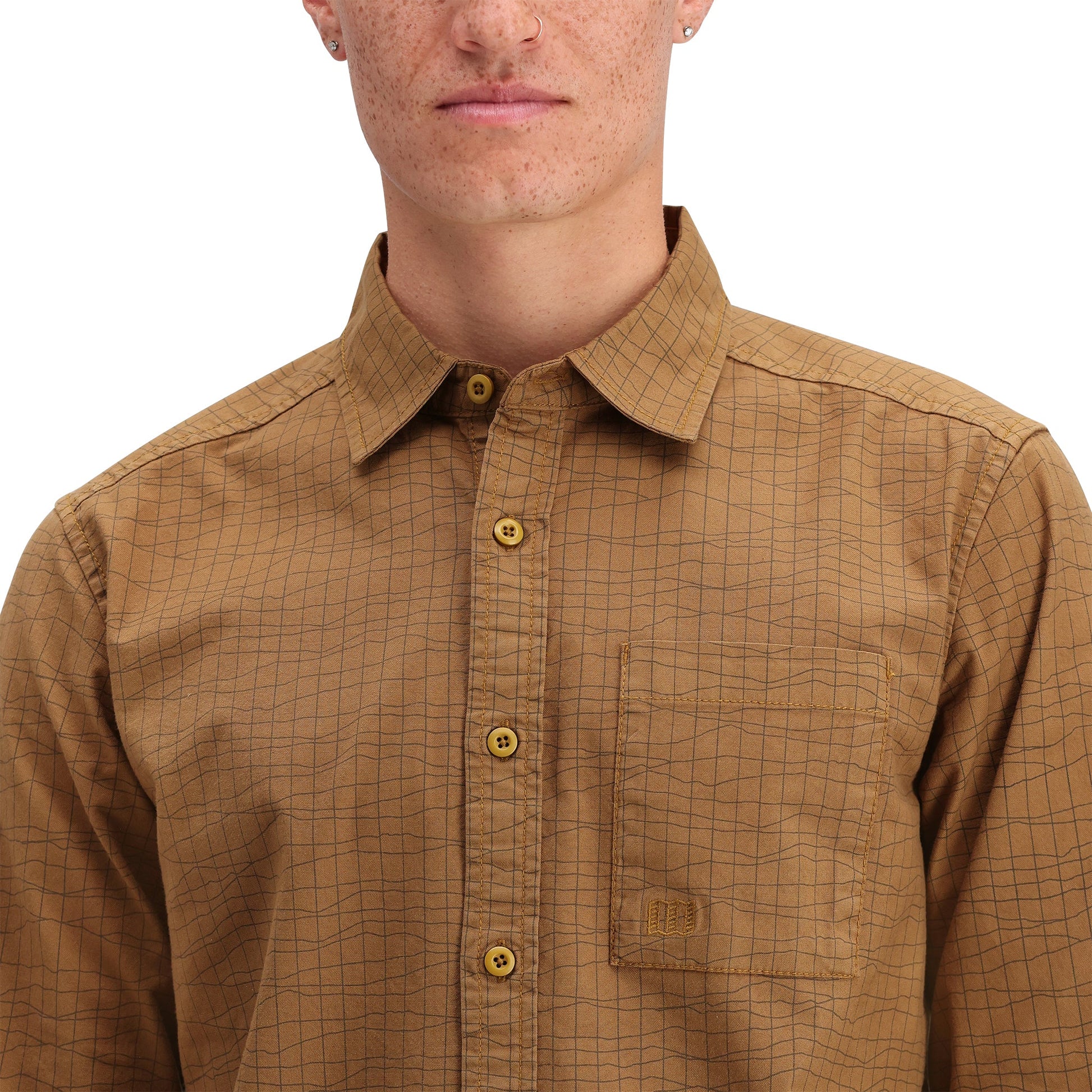 General shot of Topo Designs Dirt Desert Shirt - Men's in "Dark Khaki Terrain"