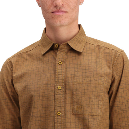 General shot of Topo Designs Dirt Desert Shirt - Men's in "Dark Khaki Terrain"