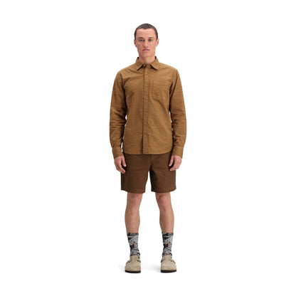 General front model shot of Topo Designs Dirt Desert Shirt - Men's in "Dark Khaki Terrain"