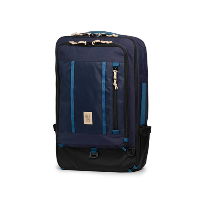 Front quarter view of Topo Designs Global Travel Bag 40L in "Navy / Sahara"