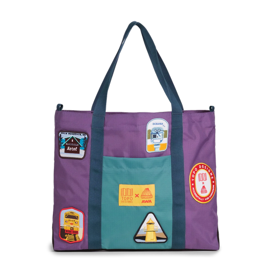 Front image of Topo Designs x AWA Mountain Essential Tote in "Loganberry / Caribbean"