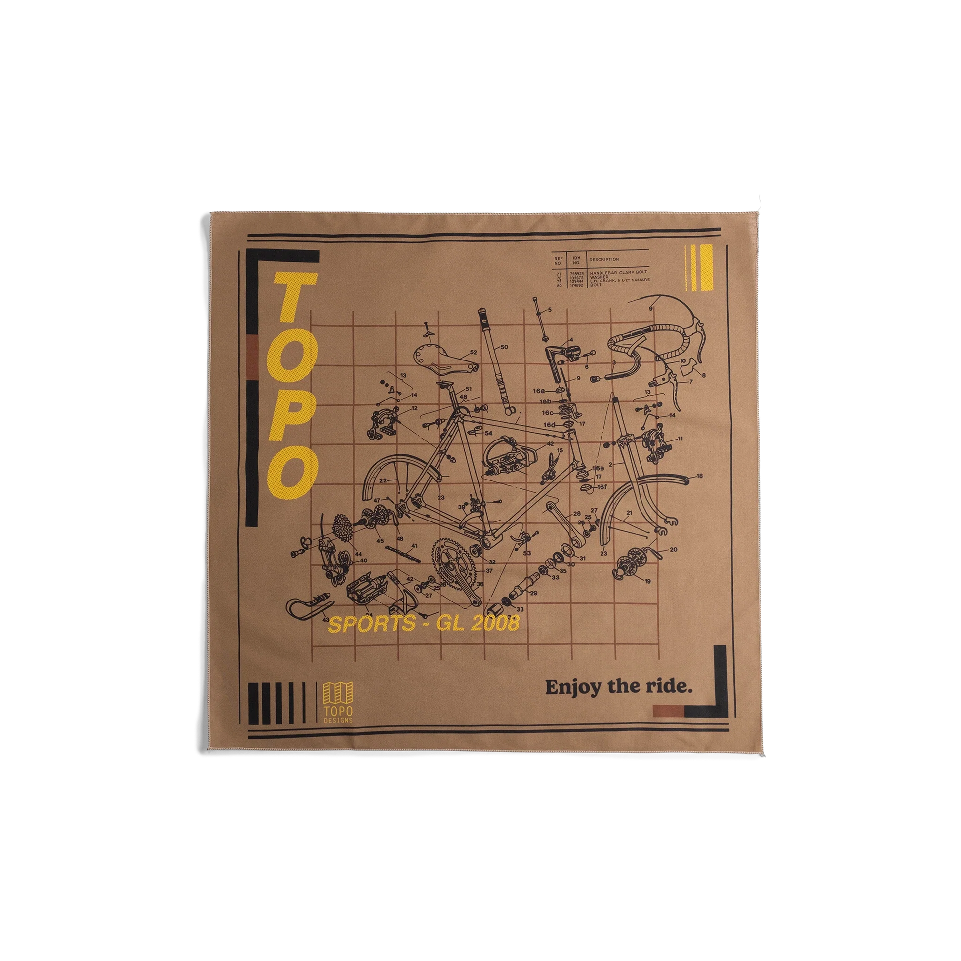 Front flay lay image of Topo Designs x Pine Printshop Enjoy The Ride Bandana in "Sand"