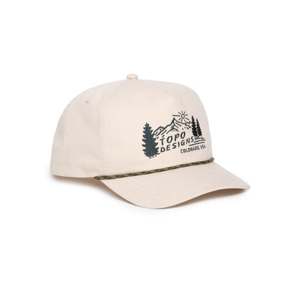 Front quarter white background image of Topo Designs Twill Rope Cap - Mountain Scene in "Bone White"