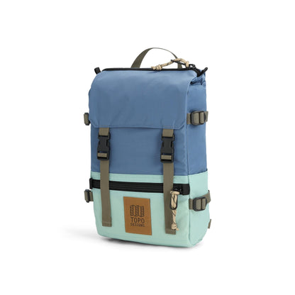 Front View of Topo Designs Rover Pack Mini in "Stone Blue / Ash Green"